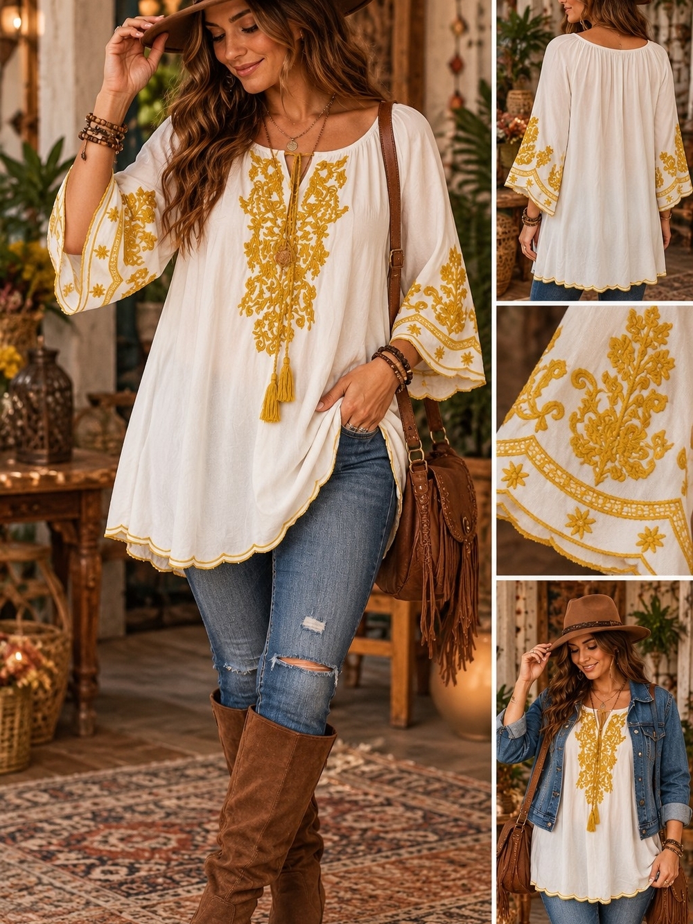 Boho Chic Embroidered Tunic Top M Ivory Mustard Bell Sleeve Peasant 70s Revival